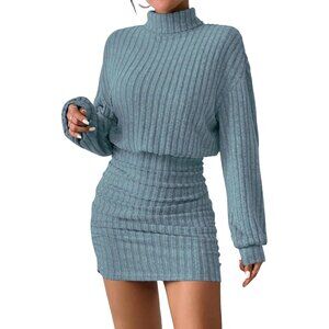 Women Ribbed Knit Sweater LightBlue Dress Lantern Sleeve Turtleneck Mini Bodycon